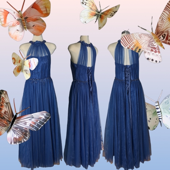 Luxury Designer Blue Beaded Embroidery Illusion Halter \ Ball Gown Blue Size S - Picture 13 of 16